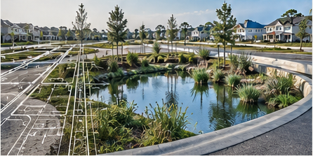 Illustrative coastal community site with a stormwater pond and site plan linework