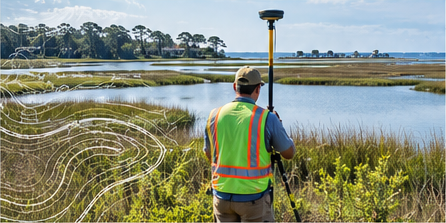 Illustrative survey professional gathering field data in a coastal marsh
